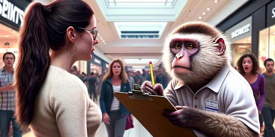 Monkey Sitting Surveying Woman in Mall -- 900x450 -- v3