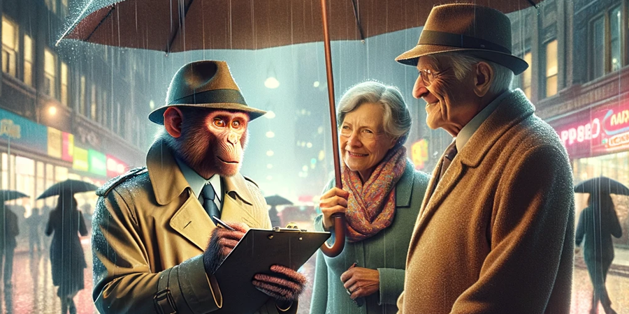 Monkey in Coat Surveying 70s Couple on Street -- 900x450 -- v8