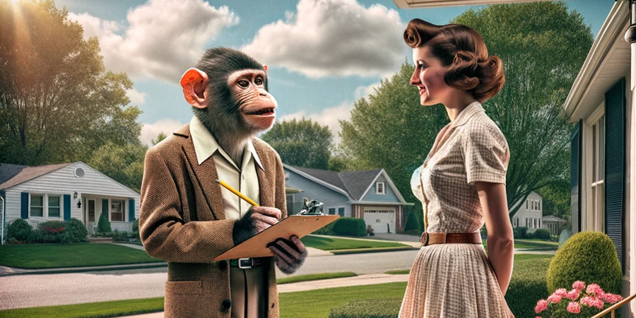 Monkey in Suit Surveying 1950s Young Woman on Her Porch -- 900x450 -- v9