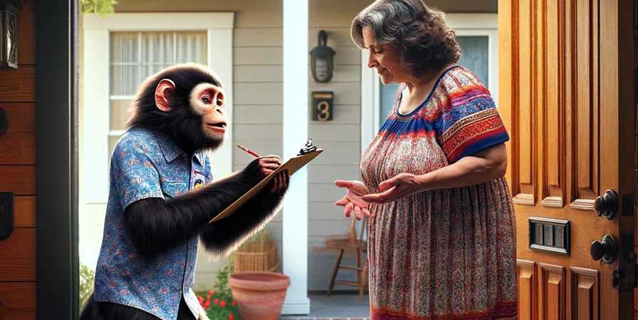 Monkey in Suit Surveying 50s Heavy Woman at Her Doorway -- 900x450 -- v13