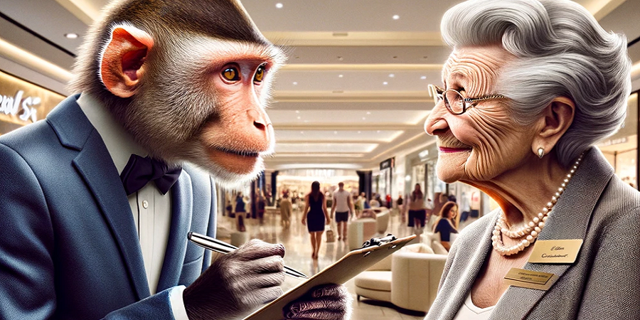 Monkey in Suit Surveying Old Woman in Mall -- 900x450 -- v4