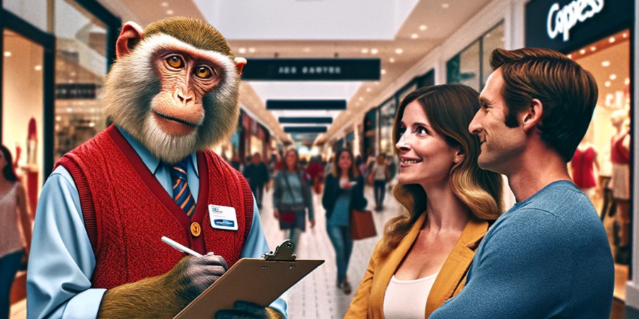 Monkey with Tail Surveying 30s Couple in Mall -- 900x450 -- v7